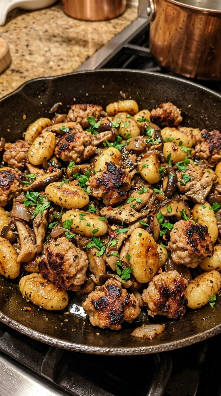 Cream sauce being poured over penne pasta with mushrooms and spinach