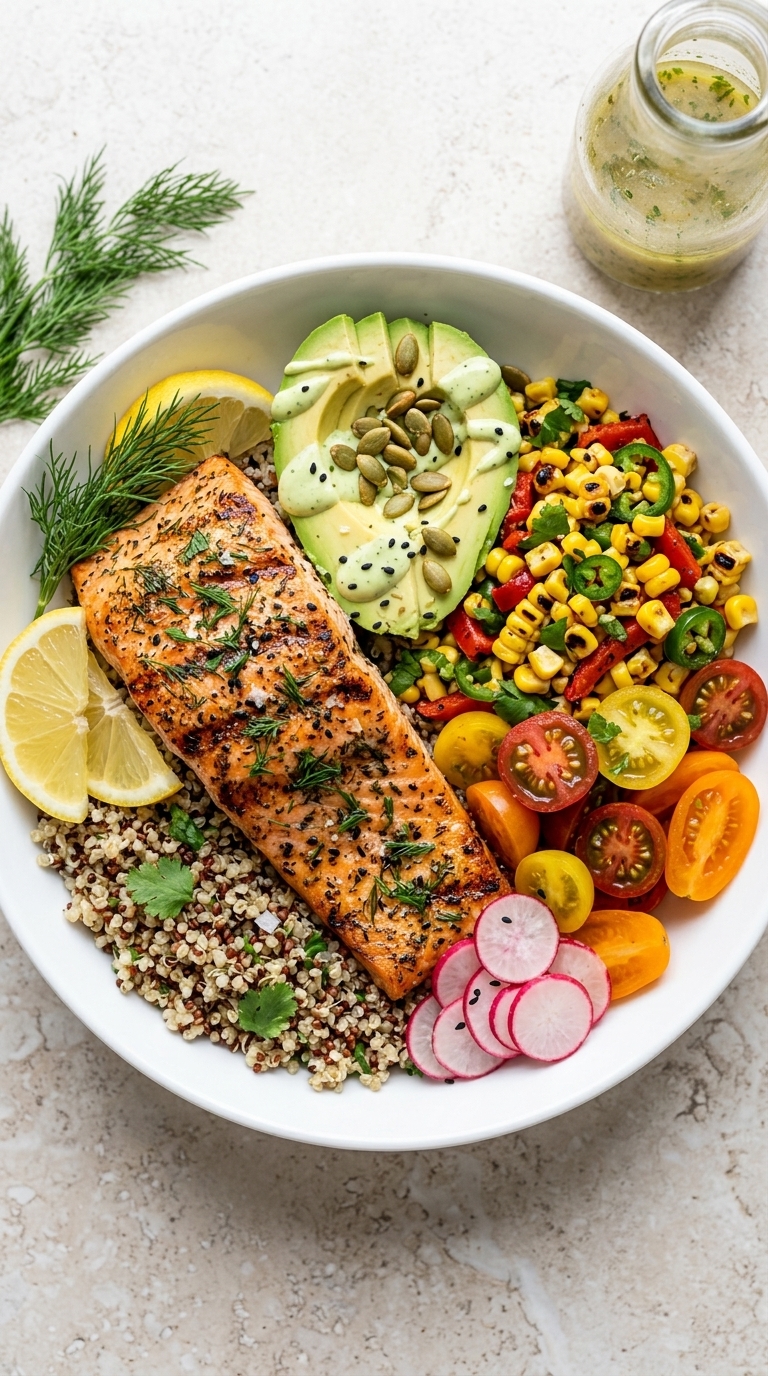 Grilled salmon quinoa bowl with avocado and vegetables