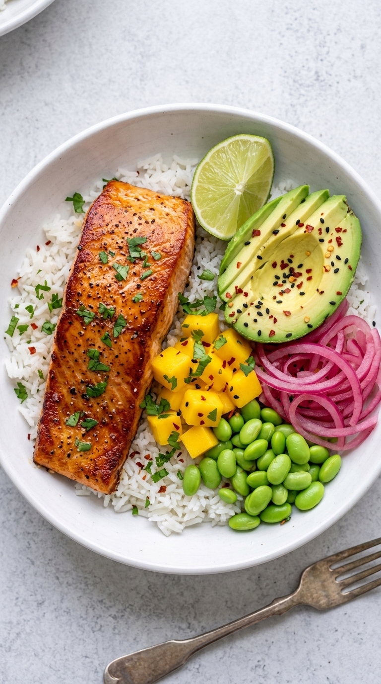 Teriyaki salmon rice bowl with avocado, mango, edamame, and pickled red onion